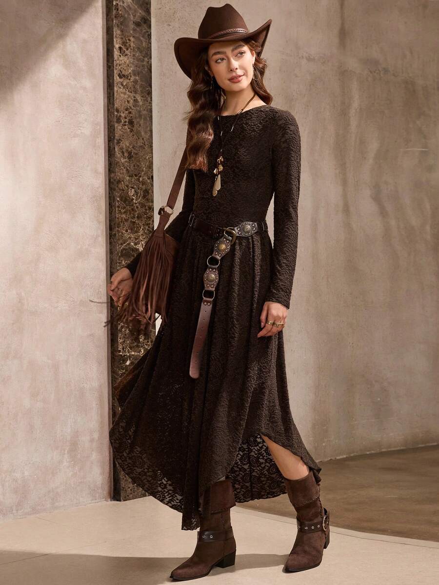 Wildy 休闲美式乡村风格女士不对称下摆长袖连衣裙，适合秋冬季日常穿着 - 咖啡 - 查看 1