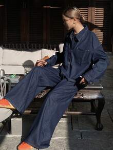 DAZY 女士休闲纽扣牛仔套装 - 藍色 - 查看 1