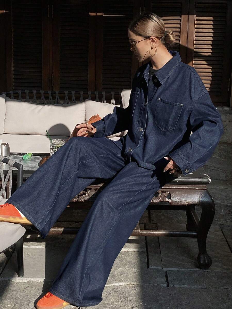 DAZY 女士休闲纽扣牛仔套装 - 藍色 - 查看 1