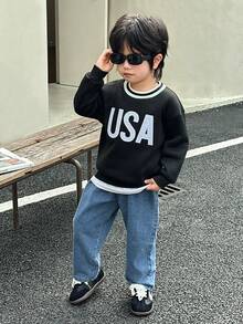 Genkimix Kids 2pcs/Set Young Boy Letter Print Crew Neck Long Sleeve Sweatshirt And Wide Leg Jeans Casual Outfit, Autumn - Multicolor - View 3