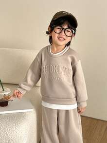 Genkimix Kids Costum casual pentru băieți, cu litere în relief, guler rotund, umeri căzuți, mânecă lungă și pantaloni de trening