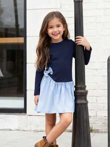 SHEIN Elladie kids Young Girl Color-Block Round Neck Long Sleeve Bow Decor Cute Dress For Autumn - Blue - View 8
