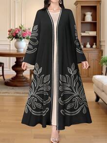 SHEIN Najma Women's White Line Floral Digital Print Fashion Long Sleeve Casual Arabic Abaya, Spring/Autumn - Multicolor - View 1