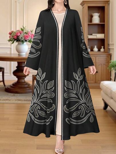 SHEIN Najma 女士白色线条花卉数码印花时尚长袖休闲阿拉伯长袍，春秋季