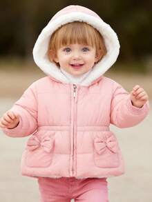 SHEIN Playful Pals 女婴休闲束腰蝴蝶结口袋泰迪熊内衬轻薄长袖拉链连帽绗缝外套，冬季连帽外套，秋季粉色女婴外套，女婴连帽外套，女婴蝴蝶结外套 - 淺粉色 - 查看 9