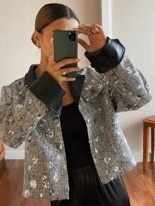 Livesso Autumn PU Leather Black Silver Sequin Patchwork Short Jacket,Elegant For Party Night,New Year,Christmas,Wedding,Fashion Event Women Coats Carnival - Silver - View 1