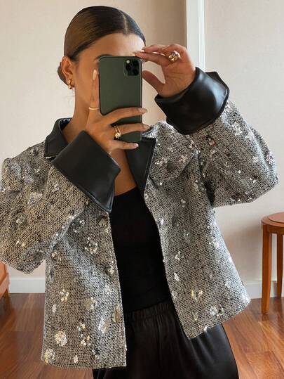 Livesso Áo khoác ngắn da PU màu đen phối sequin, kiểu dáng thanh lịch cho mùa Thu/Đông, thích hợp cho năm mới, Giáng sinh, đám cưới, tiệc tùng, sự kiện thời trang, lễ hội dành cho nữ.