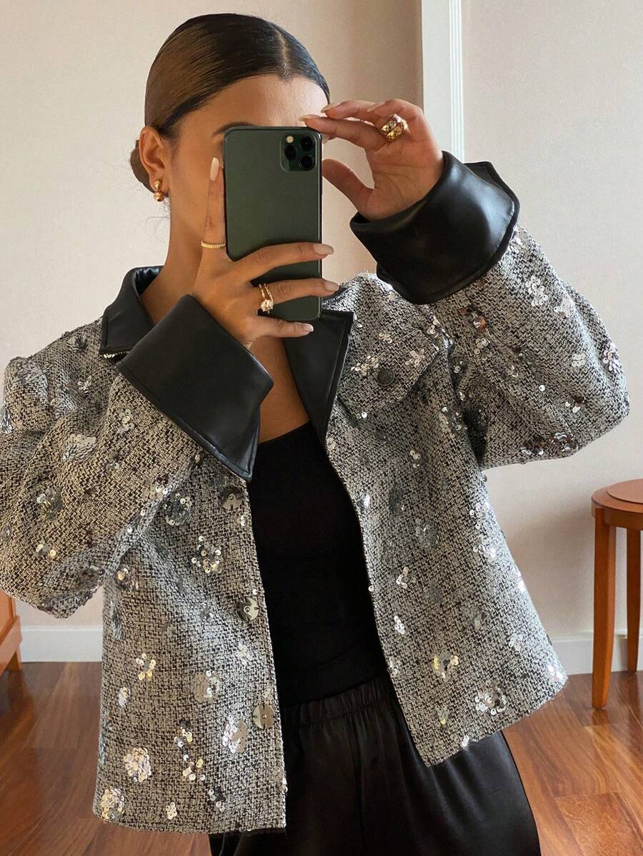 Livesso Autumn PU Leather Black Silver Sequin Patchwork Short Jacket,Elegant For Party Night,New Year,Christmas,Wedding,Fashion Event Women Coats Carnival - Silver - View 1