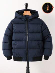 SHEIN 男童休闲保暖加厚连帽拉链派克大衣，适合上学、花园、海滩、生日等场合，春、夏、秋、冬皆宜。 - 寶藍色 - 查看 7