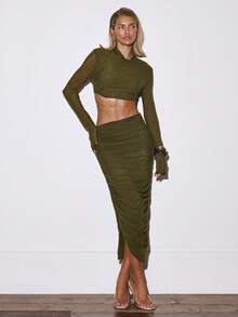 MUSERA High Neck Long Sleeve Extreme Crop Fitted Mesh Top Only Occasion Night Out Going Out Autumn  Fall Sexy Classy Cute Holidays Party Spring Summer - Green - View 4