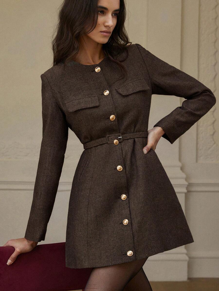 Aveloria Rosie 休闲经典系带人字纹长袖连衣裙 - 棕色 - 查看 1