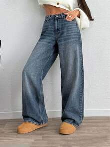 SHEIN PETITE Women's Casual Washed High Waist Wide Leg Jeans - Medium Wash - View 6