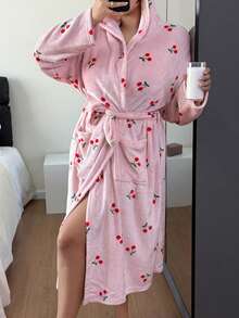 SHEIN Plus Size Women Cherry Print Hooded Belted Robe, Cozy For Autumn/Winter , Fluffy - Baby Pink - View 7