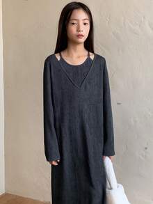 Dazy Kids 少女针织二合一连衣裙，秋季款 - 深灰色 - 查看 1