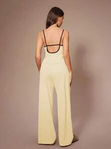 Lazeform 3件套女士休闲纯色修身长袖上衣吊带衫长裤家居服套装，秋冬服装 - 黃色 - 查看 2