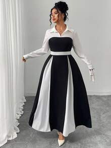 SHEIN Elenzya 女式拼接系带领长袖优雅连衣裙 - 黑與白 - 查看 8