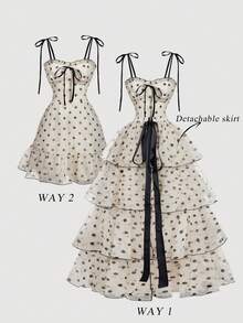 SHEIN MOD Váy 2 trong 1 họa tiết chấm bi cổ điển tuyệt đẹp có thể tháo rời nhiều chân váy - Phong cách cung điện, Váy sinh nhật, Váy đi biển, Váy xếp ly - Màu be - Xem 3