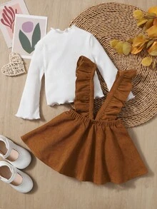 SHEIN Baby Girls Corduroy Ruffle Hem Elastic Waist Casual Outfit - Multicolor - View 2