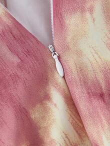 SHEIN MOD Purple Tie Dye Maxi Dress With Stand Collar, Bowknot And Waist Cinching - Dusty Pink - View 3