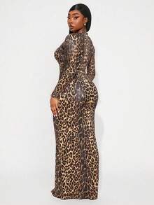 Radiana 大码女式秋冬优雅性感日常基本款豹纹长袖修身连衣裙，适合西装、邮轮服装、音乐节、音乐会、狂欢派对 - 彩色 - 查看 4