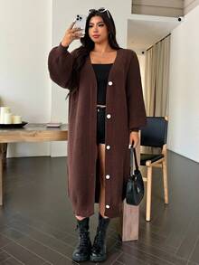 SHEIN EZwear 大码女式棕色灯笼袖单排扣休闲针织开衫，秋冬 - 棕色 - 查看 1