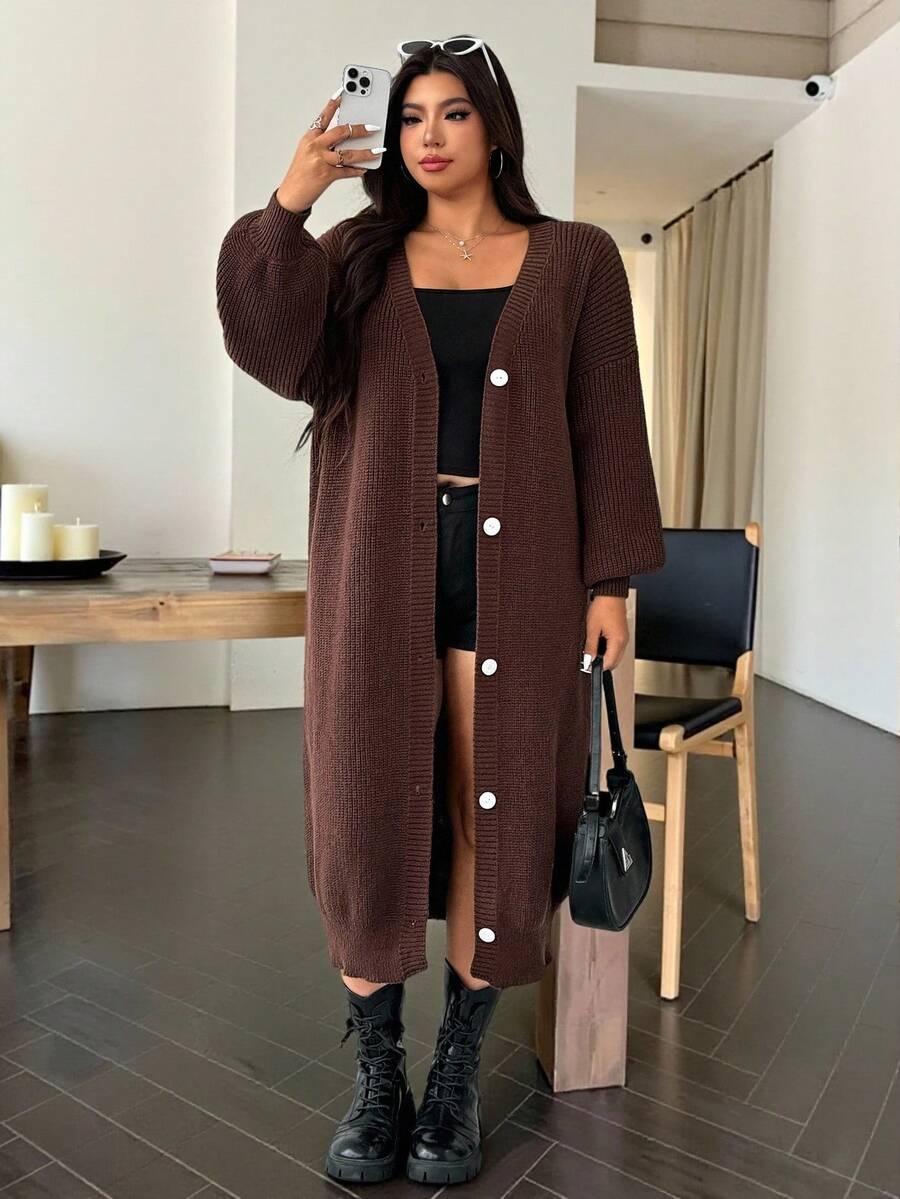 SHEIN EZwear 大码女式棕色灯笼袖单排扣休闲针织开衫，秋冬 - 棕色 - 查看 1