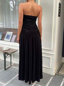 SHEIN EZwear 女士时尚纯色简约性感丝绒抹胸长裙 - 黑色 - 查看 2