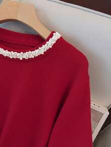 GlowEve CURVE 大码优雅珍珠缀饰圆领长袖毛衣 - 紅色 - 查看 4