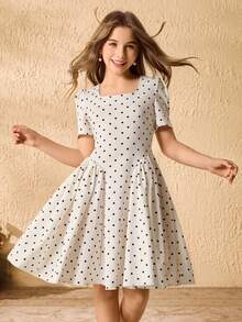 女童可爱方领泡泡袖及膝连衣裙，夏季 - 杏色 - 查看 3