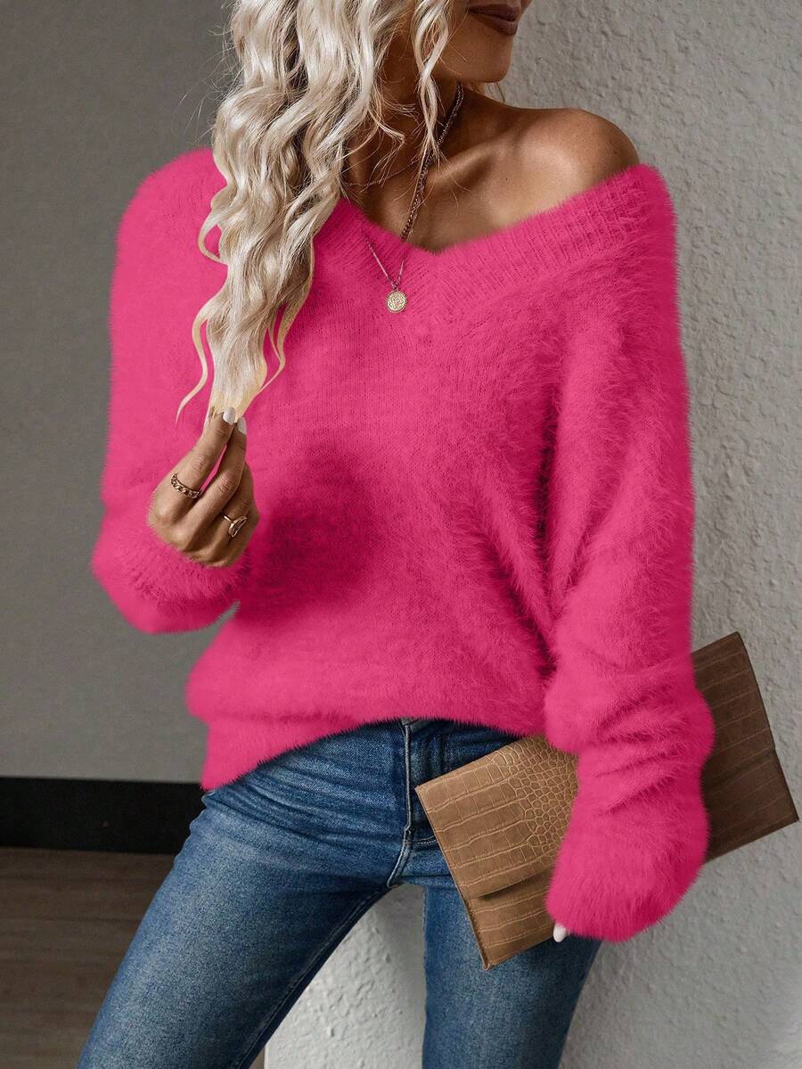EMERY ROSE Women's Fuchsia V-Neck Mink Cashmere Simple Pullover Sweater - Hot Pink - View 1