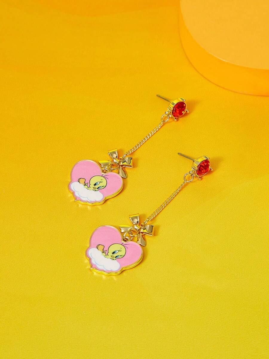 LOONEY TUNES X SHEIN 1 Cặp bông tai hợp kim kẽm họa tiết hoạt hình dễ thương thời trang dành cho nữ - Vàng - Xem 1