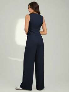 SHEIN Tall Bộ vest đơn hàng khuy đơn màu và quần túi hộp thường ngày dành cho nữ - Màu xanh hải quân - Xem 2
