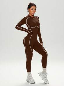 Dewbera Seamless High Elasticity Fitness Jumpsuit, Long Sleeve & Long Pants With Zipper