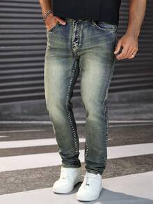 Manfinity Homme 男士休闲水洗复古修身牛仔裤 - 淺色水洗藍 - 查看 3