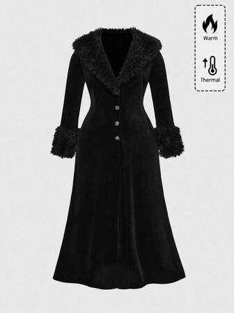 Christmas Plus Size Women Gothic Velvet Furry Patchwork Decorative Button Slim Fit Solid Color Long Jacket