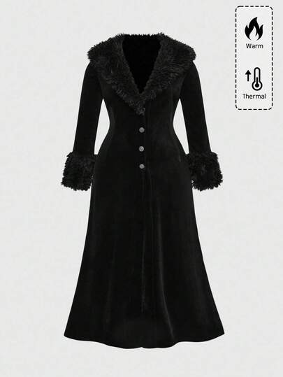 Goth Giacca lunga da donna taglie forti in velluto gotico, con patchwork in pelliccia, decorata con bottoni, aderente, tinta unita