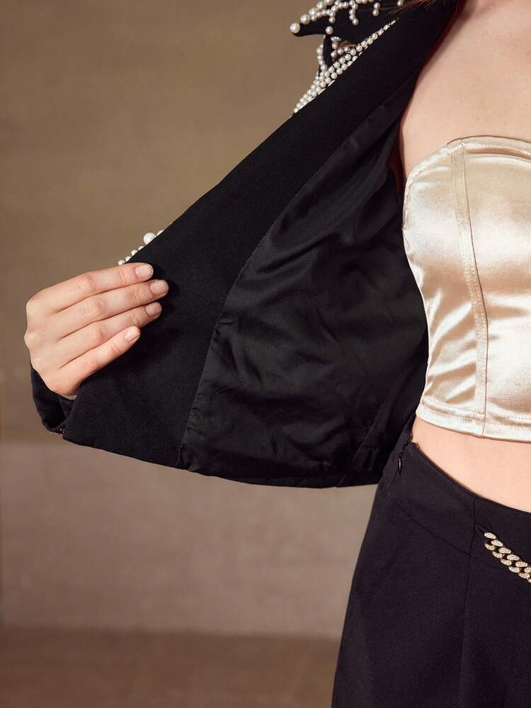 RHINESTONE FAUX PEARL BEADED BOXY JACKET