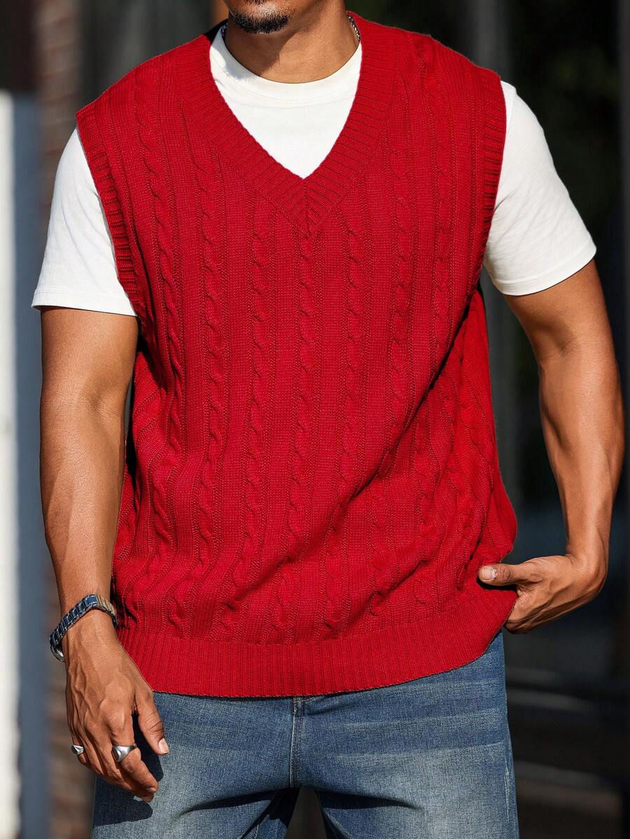 Manfinity Homme Chaleco sin mangas de punto de cable de unicolor con cuello en V para hombre - Rojo - Ver 1