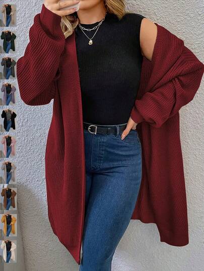 EMERY ROSE 大码女式绿色纯色针织开衫，露肩长袖宽松休闲，适合春秋冬