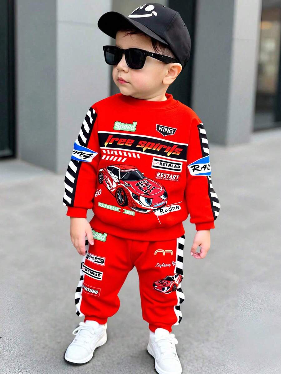 SHEIN 男婴休闲简约时尚经典酷炫赛车图形印花，赛车元素图形印花，宽松圆领柔软针织运动服套装，适合秋冬季