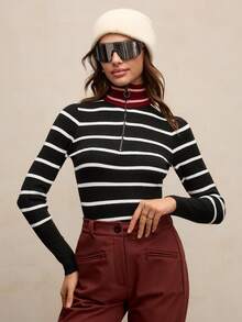 Activina Suéter de cuello alto casual y deportivo con bloques de color y rayas para mujer, otoño/invierno - Blanco y Negro - Ver 7
