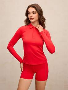 Activina Women's Slim Fit Button-Up Long Sleeve Golf Sports Polo Shirt, Autumn Golf Top Women - Red - View 5