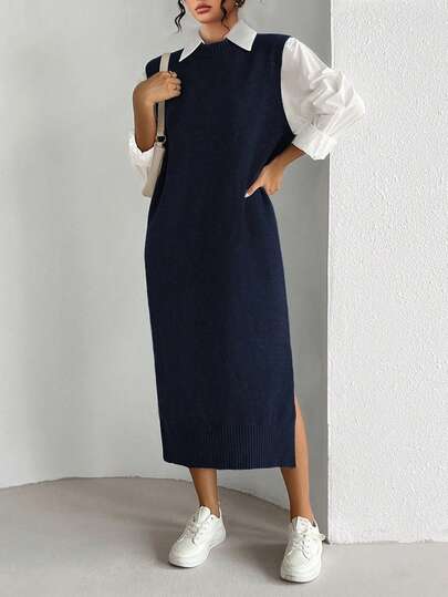 Elenzga Plus Size Enfärgad Minimalistisk Ärmlös Rund Halsad Tröjklänning