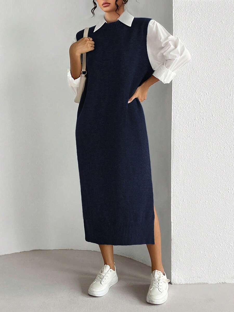 Elenzga 大码纯色极简无袖圆领毛衣连衣裙 - 藏蓝色 - 查看 1