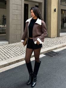 Aloruh Women's Autumn/Winter New Faux Fur Collar Brown Jacket, Winter Fall - Brown - View 6