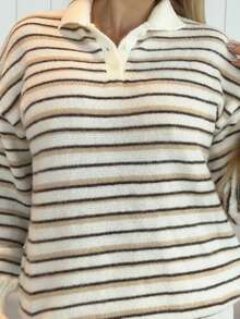 Cioccolato Relaxed Fit Knit Striped Collared Button Long Sleeve Polo Sweater Spring Cute Spring Casual Y2k 90's Stripe Sunday Best Oversized Sweater Airport Fall Back To School Autumn Winter Everyday Christmas - White - View 6
