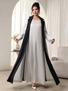 Al Najma 女士休闲宽松黑白条纹撞色长款阿拉伯长袍，秋冬季 - 黑色 - 查看 4