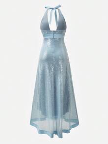 Glamine Charm Đầm dự tiệc cổ chữ V sâu thắt nơ, chất liệu satin sequin chắp vá cho nữ, Thu/Đông - Màu xanh nhạt - Xem 6