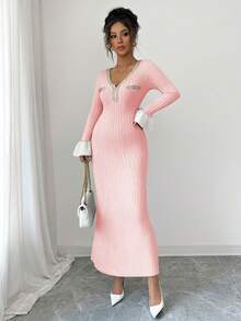 Elenzga Váy dệt kim ôm sát cổ chữ V màu tương phản thanh lịch dành cho nữ - Màu Hồng baby - Xem 6