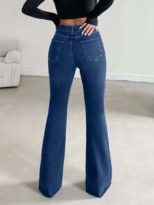 EURMUSE 99%Cotton Women's Flared Jeans With Pockets For Daily Commute And Versatile Outfits - Medium Wash - View 2
